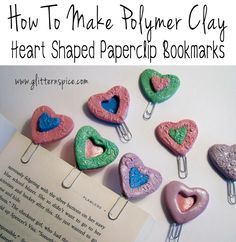 heart shaped paper clip bookmarks with text overlay reading how to make polymer clay heart shaped paper clips