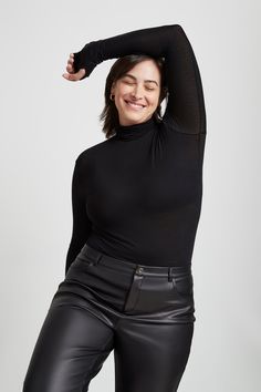 Meet our favorite multi-tasking silhouette, the Eloise Sheer Turtleneck. She features several signature Marcella details—including thumbhole sleeves and extra length around the torso. Crafted from our European sheer jersey for an ultra-light feel and body-loving fit, Eloise is casual yet easy to dress up—a true staple. Eloise is also available separately in our non-sheer Tencel jersey. [SPLIT] Maritza, in black, is 5'9.5" (177 cm) tall, wearing size XS. Christina , in black, is 5'9" (175 cm) tal Sheer Turtleneck, Elegant Turtleneck Top With Sheer Sleeves, Fitted Sheer Turtleneck Mesh Top, Black Sheer Turtleneck, Black Sheer High Neck Mesh Top, Sweatshirt Fabric, Turtle Neck Top, The A Team, Swim Accessories