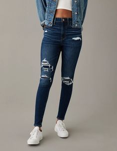 AE Next Level Ripped Super High-Waisted Jegging Blue And White Jeans, High Waist Jeggings, Barrel Jeans, Curvy Jeans, Cute Jeans, Mens Outfitters, American Eagle Jeans, Light Wash Jeans, Ripped Jeans