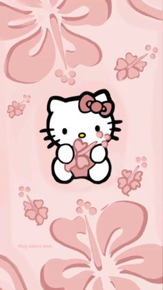 a hello kitty wallpaper with pink flowers and butterfly shapes on it's side