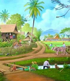 a painting of people and animals in a rural area near a river, farm buildings and palm trees