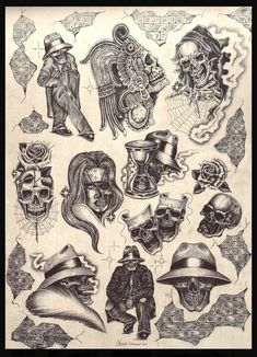 an old fashioned drawing with skulls and hats on the front, as well as other items