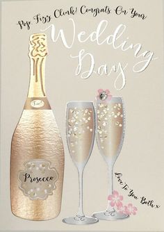 a wedding card with two champagne glasses and a bottle