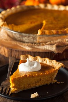 a slice of pumpkin pie on a black plate with a fork next to the pie