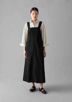 Denim Pinafore Dress | Black | TOAST Cotton Denim Dress With Pockets For Work, Japanese Minimalist Fashion, Black Pinafore, Denim Pinafore Dress, Denim Pinafore, Mens Loungewear, Loungewear Women, Women Nightwear, Pinafore Dress