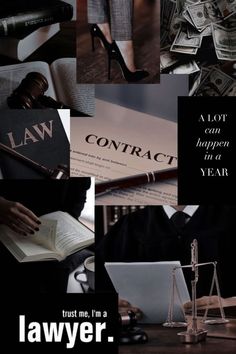 a collage of law related images with the words, trust me i'm a lawyer