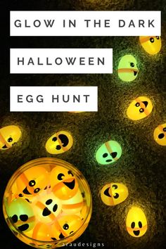 glow in the dark halloween egg hunt with glowing eggs and faces on them, all lit up