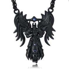 PRICES MAY VARY. Size: Pendant: 2 Inches * 1.5 Inches, Chain Length: 24 Inches，Wax Rope: 24 Inches Angel of Justice: Inspired by the MOBA competitive online game League of Legends. During the time of the Rune Wars, a giant star elf gave birth to Kyle, who inherited her mother's glory and fought for justice under the wings of holy fire. She was once the protector of Demacia, but the repeated failures of mortals eventually shattered Kyle's illusions and abandoned the kingdom altogether, and the ho Black Metal Jewelry For Fantasy Events, Black Fantasy Pendant Necklace, Fantasy Black Pendant Necklace, Black Metal Fantasy Necklace, Collectible Black Stainless Steel Necklace, Black Jewelry With Dragon Design Collectible, Collectible Black Jewelry With Dragon Design, Star Elf, Angel Dragon