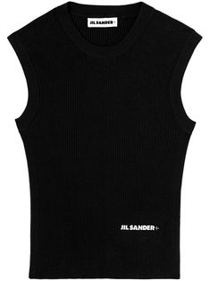 black cotton logo print to the front crew neck sleeveless straight hem Cotton Vest, Outerwear Vest, Cotton Logo, Vest Top, Jil Sander, Outerwear Women, Sanders, Print Tops, Logo Print