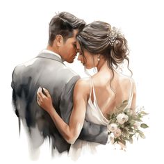 a watercolor painting of a bride and groom hugging each other with flowers in their hair