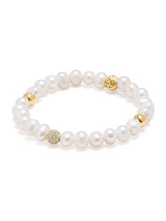 Cultured 6mm White Pearl, Clear CZ Diamond, and Hollow Gold Beads We use cultured pearls from oysters and freshwater mussels that we select by hand for all our jewelry Logo Ball in Stainless Steel with Gold Plating 7mm Nialaya Logo Bead in Stainless Steel with Gold Plating Product Code: WCHCO_146 This bracelet is strung on an elastic strand that easily slips on your wrist. The elastic strand is stretchy and will stretch like a rubber band when slipped on and off. Our durable elastic cord is cove Pearl Jewelry With Oyster Bracelet And Round Beads, Pearl Oyster Bracelet With Round Beads, Beaded Pearl White Round Bracelet, Pearl White Beaded Round Pearl Bracelet, Pearl White Beaded Bracelet With Pearl Charm, Beaded Pearl Bracelet For Anniversary, Elegant Pearl Beaded Rondelle Bracelets, Rondelle Pearl Bracelet As Gift, Rondelle Pearl Bracelet Gift