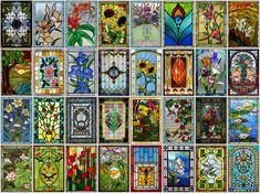 many different stained glass windows with flowers and leaves on them, all in different colors