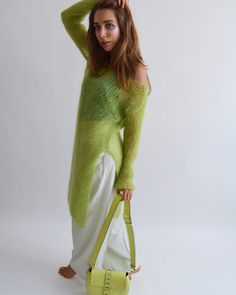 Hello, I'm the one, who won't let you down - lime green mohair tunic. I will comfort you, keep you warm and will make you smile. I'm 100% hand made and proud of that. I consist of 70% italian kid mohair and 30% of nylon, which makes me incredibly natural. I'm quite unique as could be worn all year long. I'm in one size and one size fits all because my measurements are : ❤️ Width -50 cm ❤️ Lengths -86 cm If you would like me in other size, you could request a custom order with your own parameters Oversized Asymmetrical Spring Sweater, Oversized Asymmetrical Sweater For Spring, Green Mohair Knitted Sweater, Long Green Sweater For Fall, Long Green Fall Sweater, Green Fine Knit Sweater For Spring, Long Green Knit Sweater, Lime Green Sweater Outfit, Green Sweater Outfit