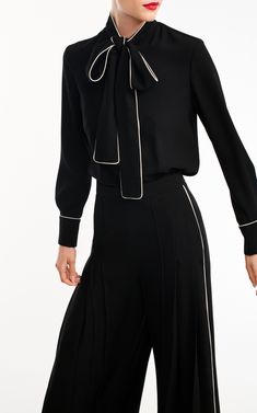 Carolina Herrera Fashion, Resort 2024 Collection, Silk Chiffon Blouse, Cruise Fashion, Resort 2024, Bow Blouse, Casual Tops For Women, Wide Pants, Work Attire