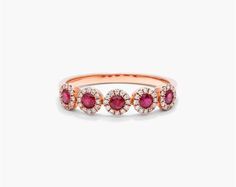 14K Rose Gold Halo Ruby Five Stone Ring. This fine ring features five deep red rubies with delicate diamond halos to maximize its sparkle and elegance! Rubi Ring, Rose Gold Halo, Ruby Rings, Ruby Diamond Rings, Fine Ring, Raspberry Pink, Jewelry Indian, Gold Halo, Ceramics Pottery