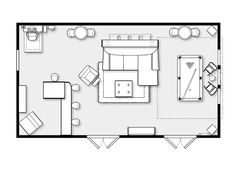 a drawing of a living room and kitchen area with furniture in the floor plan, including couches, tables, chairs, and coffee table