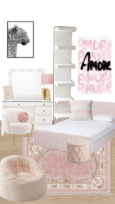 the bedroom is decorated in pink and white