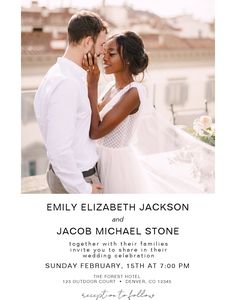 the wedding announcement is displayed in front of an image of a bride and groom on their wedding day