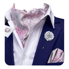 PRICES MAY VARY. 🙆‍♂【The Package】1 ascot tie + 1 handkerchief + 2 cufflinks + 1 lapel flower + 1 white gift box. 🙆‍♂【Ascot Size】Cravat Size: the length: 49.6" (126cm);the widest part:6.1"(15.5cm);the narrowest part:2.2"(5.5cm). Handkerchief Size: 9.5 x 9.5 inches(24 x 24 cm). All of the items will suit most men's dressing needs. 🙆‍♂【Materials and Craft】Handmade of high quality silk/polyester fiber and other mixed materials, skin-friendly and comfortable; 2000 needle jacquard woven craft, high Elegant Groom's Set With Ties, Elegant Sets With Ties For Groom, Classic Wedding Sets With Ties, Elegant Pink Wedding Handkerchiefs, Elegant White Tie With Pocket Square, Elegant Pink Handkerchiefs For Gifts, Elegant Fitted White Pocket Square, Elegant White Fitted Pocket Square, Elegant Pink Gift Sets