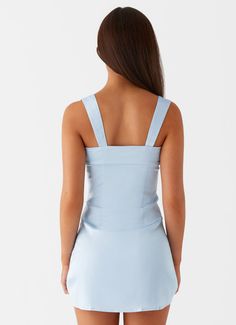 Odette Satin Mini Dress - Blue – Peppermayo US Periwinkle Dress Formal Mini, Affordable Fitted Blue Mini Dress, Luxury Blue Mini Dress For Daywear, Small Bust Mini Dress, Luxury Chic Light Blue Mini Dress, Luxury Light Blue Chic Mini Dress, Blue Mini Dress Top Shop, Luxury Silk Mini Dress With Straight Neckline, Luxury Light Blue Fitted Mini Dress