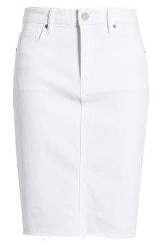 A raw hem brings vintage style to this denim pencil skirt made with a hint of stretch and a crisp white wash. 21" length Zip fly with button closure Five-pocket style 74% cotton 25% polyester, 1% spandex Machine wash, tumble dry Imported White Denim Skirt, Short Length, Chic White Denim Skirt For Work, Workwear Short Cotton Denim Skirt, Chic White Cutoff Denim Skirt, Short Cotton Denim Skirt For Work, Casual White Cotton Pencil Skirt, Classic Cotton Denim Skirt, Fitted White Denim Skirt, Chic Fitted White Denim Skirt