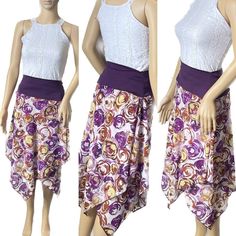 This skirt has a wide waistband in purple jersey. The skirt is non stretch and is made in an almost sheer light chiffon in abstract design in shades of purple, yellow and white. The skirt has two layers and is designed to vary in length. This falls loosely from the waistband and is free flowing. Great for dancewear. Matching top available Measurements  One available in small to medium size only  Waist 60-76cm  Hips up to 96cm Length at longest point 87cm One available in medium size only  Waist Fitted Purple Maxi Skirt For Summer, Purple Asymmetrical Skirt For Summer, Twisted Skirt, Purple Jersey, Flamenco Skirt, Tango Skirt, Burning Man Costume, Tango Dress, Purple Skirt