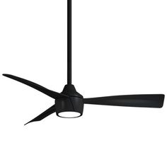 a black ceiling fan with two blades on the top and one light on the bottom