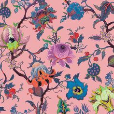 a pink background with colorful flowers and birds on it's branches, all in different colors