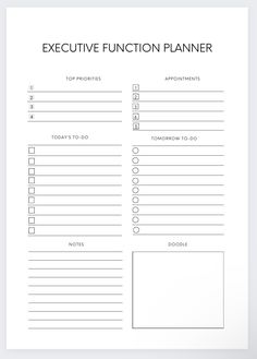 a printable executive function planner is shown in black and white, with the words executive function