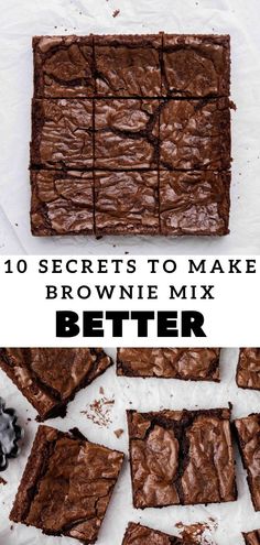 chocolate brownies with the words, 10 secrets to make your brownie mix better