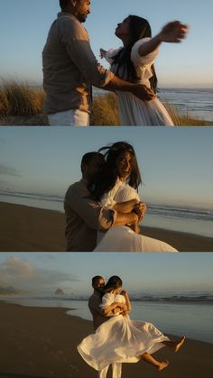 two people are hugging on the beach and one person is holding another woman in her arms