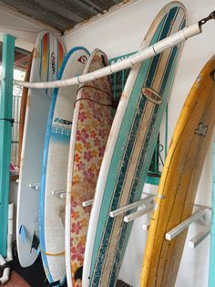 several surfboards are lined up against the wall