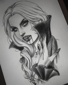 a drawing of a woman with long blonde hair and an evil look on her face