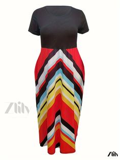 Zlily - Womens Plus Size Colorblock Stripe Print Maxi Dress - Casual yet Stylish, Short Sleeves, Round Neckline, Medium Stretch Multicolor Spliced Dress For Beach, Multicolor Spliced Beach Dress, Beach Spliced Multicolor Dress, Casual Multicolor Dress With Contrast Details, Multicolor Spliced Short Sleeve Dress, Casual Multicolor Patchwork Maxi Dress, Casual Color Block Maxi Dress, Casual Multicolor Color Block Maxi Dress, Black Color Block Maxi Dress For Summer