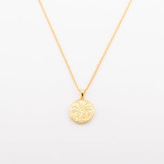 Summer State of Mind Necklace - Gold Yellow Gold Pendant Necklace For Beach, Gold Sun Design Round Pendant Necklace, Gold Necklace With Sun Design Round Pendant, Summer Flower Pendant Necklace For Gift, Gold Medallion Necklace With Sun Design, Dainty Yellow Gold Necklace For Beach, Elegant Gold Charm Necklace For Summer, Gold Necklace With Delicate Chain For Beach, Sun-shaped Necklace For Summer Gifts