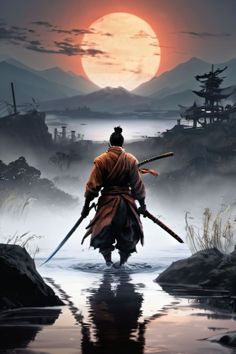 a man walking across a body of water with two swords in his hand and the sun behind him