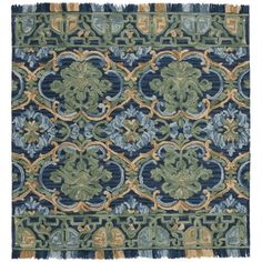 an intricately designed rug with blue and green colors