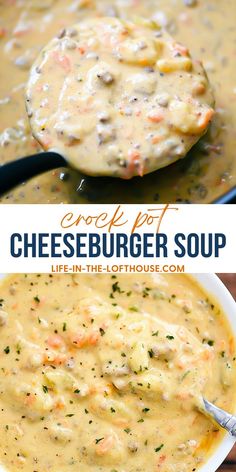 two pictures showing different types of cheeseburger soup