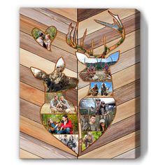 a collage of deer heads on a wooden background with photos in the middle and bottom