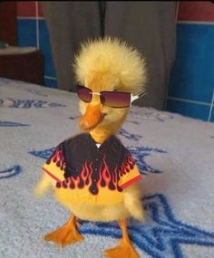 a duck wearing sunglasses and a t - shirt with flames on it's chest