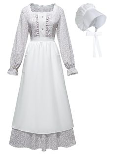 PRICES MAY VARY. Pioneer Dress Fabric -- The women floral colonial dress and floral colonial bonnet are made of polyester cotton blend fabric, the white colonial apron is made of polyester. The fabric is lightweight and breathable, comfortable to wear throughout the day, not see-through. We recommend Machine wash in warm or cold cycle, tumble dry on a low setting, iron with steam to remove wrinkles. Three Pieces Pioneer Dress Women -- The classic colonial dress set come with 1 piece floral prair 1790s Dress, Prairie Bonnet, Little Women Costumes, Pioneer Costume, 1900s Dress, Pioneer Clothing, Pioneer Dress, White Colonial, 1800's Dress