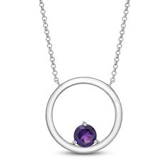 A beautiful round silhouette is accented by an elegant round-cut amethyst. Set in classic sterling silver, the 18-inch cable chain secures with a lobster clasp. Elegant Purple Round Birthstone Necklace, Formal Sterling Silver Round Birthstone Necklace, White Gold Round Birthstone Necklace, Round Birthstone Necklace With Polished Finish For Anniversary, Sterling Silver Round Birthstone Necklace, Amethyst Birthstone Necklace With Round Pendant, Silver Round Birthstone Necklace, Amethyst Set, Circle Necklace