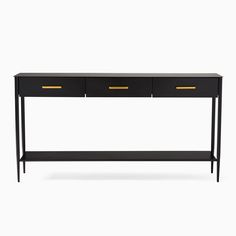 a black and gold console table with two drawers on one side, against a white background