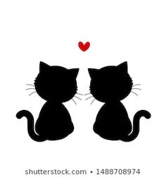 two black cats sitting next to each other with a red heart on the back ground