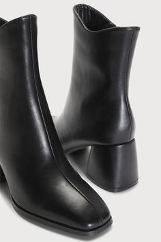 The Lulus Windal Black Square Toe Mid-Calf Boots is ready to make every 'fit a chic moment this season! Smooth faux leather shapes a squared-off toe that meets a 7"" mid-calf shaft with a 10"" circumference and a curved topline. A 6"" zipper at the instep and a chunky block heel complete the look! 2. 75" wrapped block heel. Cushioned insole. Rubber sole has nonskid markings. ALL MAN MADE MATERIALS. Imported. Lulus | Windal Black Square Toe Mid-Calf High Heel Boots | Size 6. Faux Leather Heeled Boots With Sculpted Heel For Work, Trendy Platform Boots With Sculpted Heel And Square Toe, Party Mid-calf Boots With Reinforced Heel And Square Toe, Formal Platform Boots With Stacked Heel And Square Toe, Formal Square Toe Platform Boots With Stacked Heel, Spring Square Toe Knee-high Boots, Spring Knee-high Square Toe Boots, Modern Faux Leather Heeled Boots With Sculpted Heel, Spring Knee-high Boots With Square Toe