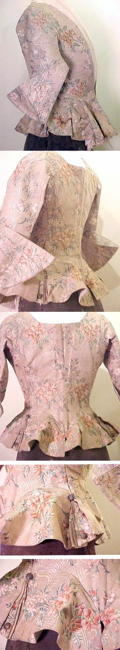 woman's brocade jacket, 1740s-1750s 1750s Fashion, Round Gown 18th Century, 18th Century Zone Front Gown, 18th Century Caraco Jacket, Brocade Jacket, 18th Century Floral Fabric