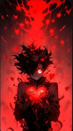 an anime character holding a heart in front of a red background with hearts on it