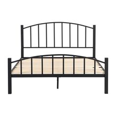 a black metal bed frame with wooden slats