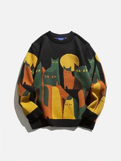 Aelfric Eden Color Blocking Cat Sweater – Aelfric eden Knitted Sweater Men, Fall Knit Sweater, Sweater Streetwear, Streetwear Aesthetic, Harajuku Streetwear, Y2k Clothes, Sweater Men, Fleece Sweater, Loose Sweater