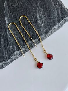 Garnet Earrings January Birthstone Red Garnet Threader | Etsy Dainty Red Dangle Jewelry, Red Birthstone Jewelry For Party, Minimalist Red Round Earrings, Dainty Red Jewelry With Ear Wire, Red Minimalist Dangle Earrings, Red Birthstone Drop Earrings, Red Birthstone Round Earrings, Red Birthstone Earrings As Gift, Red Ruby Birthstone Earrings